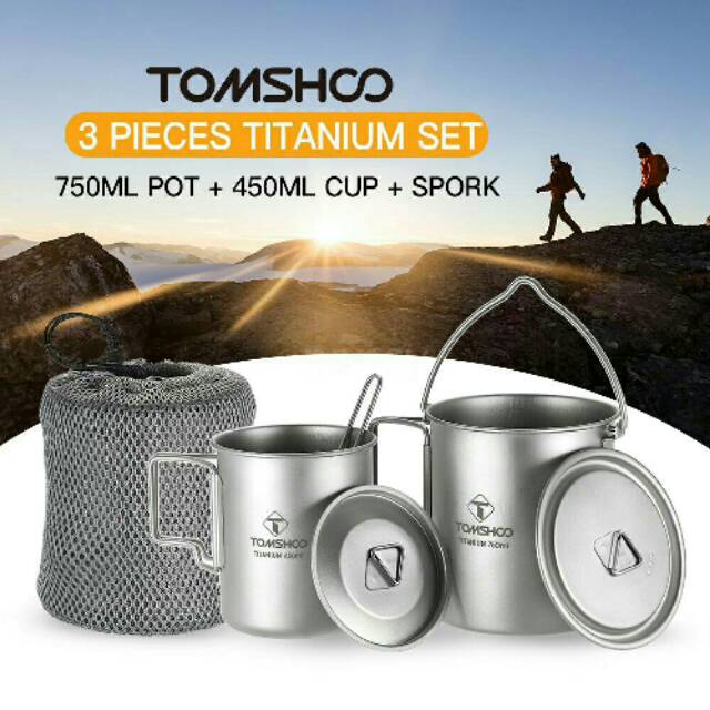 Tomshoo titanium set 3pcs pot 750ml cup 450ml spork ultralight camping outdoor