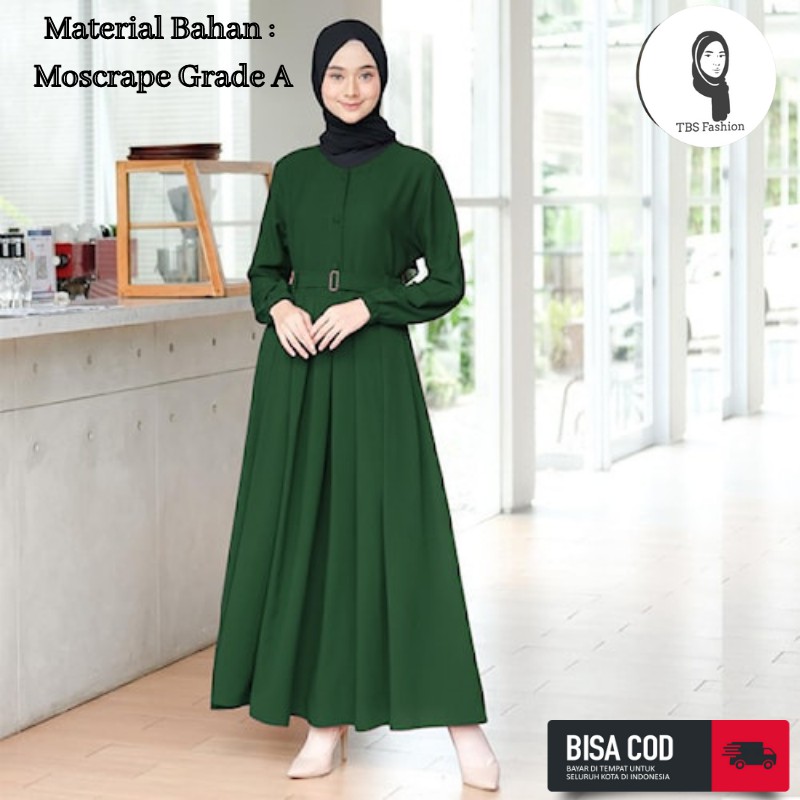 Baju Gamis Atasan Wanita Cewek Remaja Terbaru Bahan Moscrepe Adem Halus Model Modern Berkualitas Premium Quality Casual Acara Formal Kondangan Lebaran 2022 Bisa COD-Hijau Botol & Belt