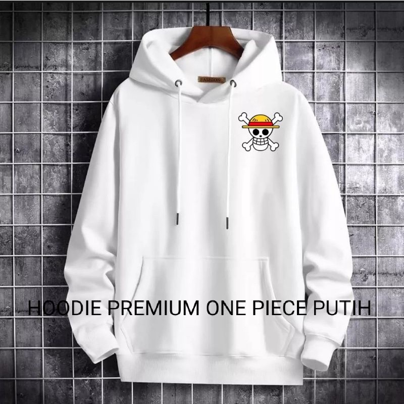 Sweater Hoodie One Piece Pria Distro Premium Ori Putih Motif Simple Anime Japanese Style Bahan Fleec