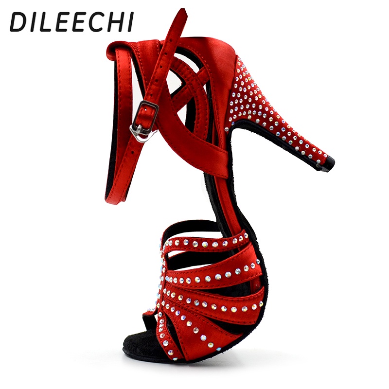 DILEECHI Women's latin dance shoes Soft Dancing Shoes Salsa Rhinestones Red color Latin Dance Shoes
