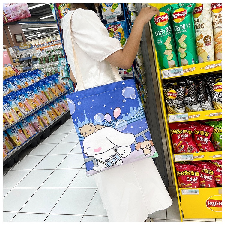 Drozenb Tas Tote Wanita Bahan Canvas Model Korea Motif Kartun/Totebag Canvas Korea/Tas Totebag Fashion Resleting/Tas Totebag Kekinian/Totebag Casual Bahan Canvas