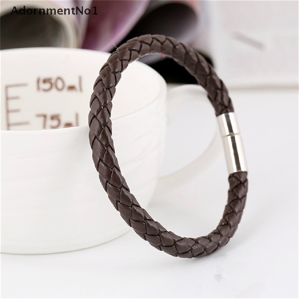 (AdornmentNo1) Gelang Tangan Kulit Hitam Aksen Buckle Magnet Bahan Stainless Steel Untuk Pria / Wanita