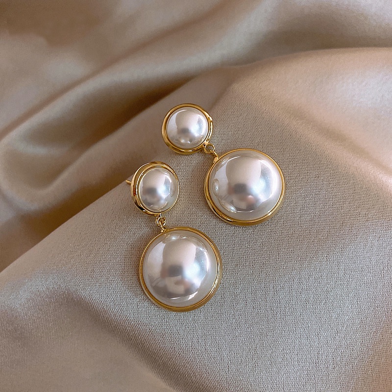 Anting Tusuk Gantung Bahan Sterling Silver 925 Desain Geometri + Mutiara Gaya Retro Untuk Wanita