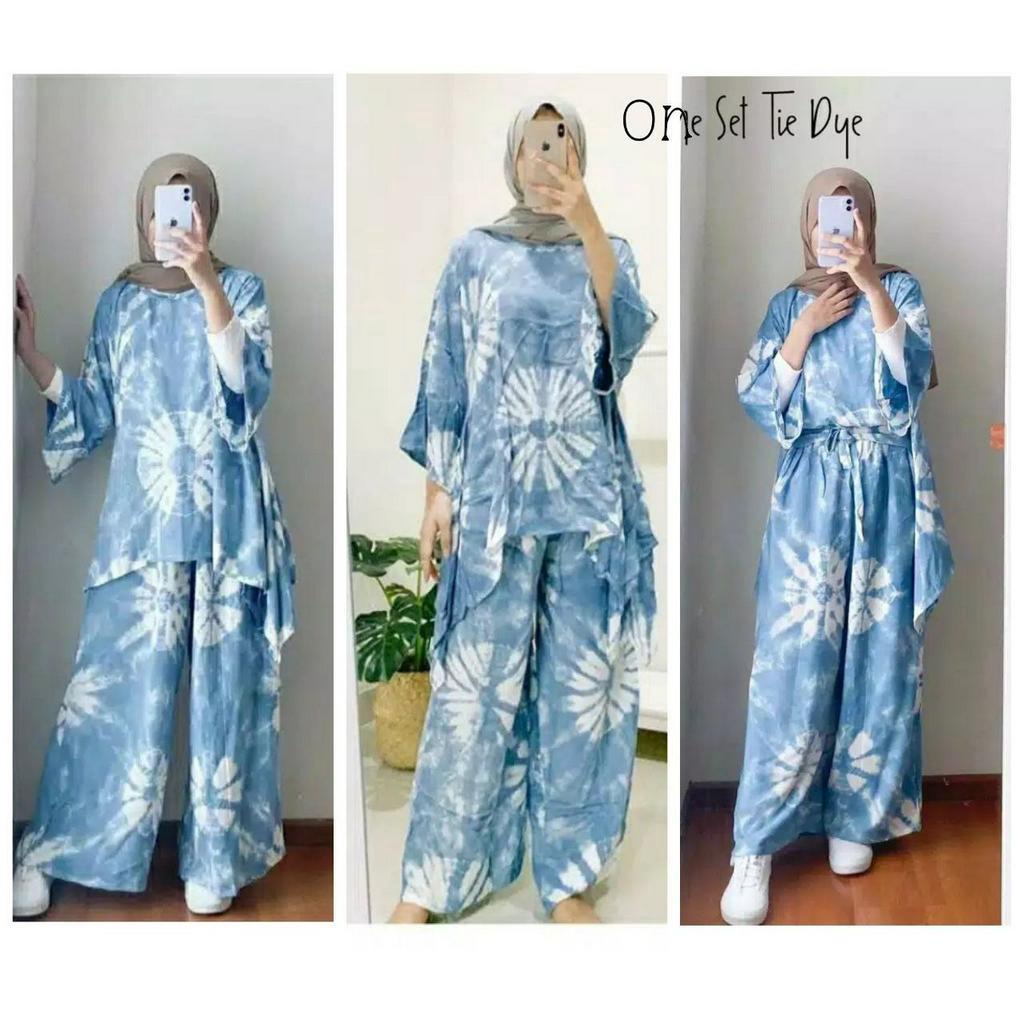 SETELAN WAKA ONE SET WAKAWAKA RAYON PREMIUN JUMBO TERBARU HITAM PUTIH SHIBORI TYE DYE