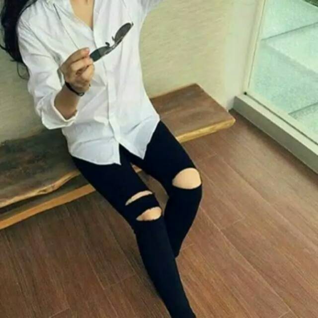 Jeans sobek celana wanita ripped jeans hitam