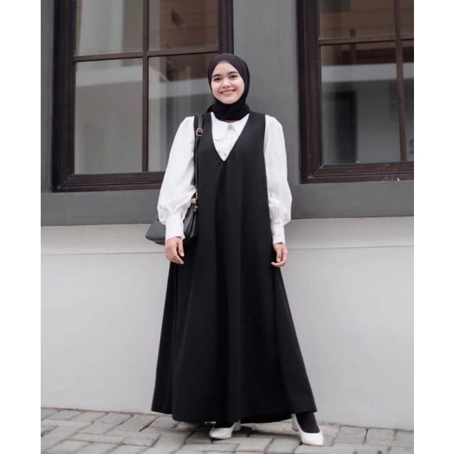 Grosir Baju Fashion Wanita Karerina Overall | Loose Dress Polos Korean Look Mayung | Dress V neck material bahan wollpeach super