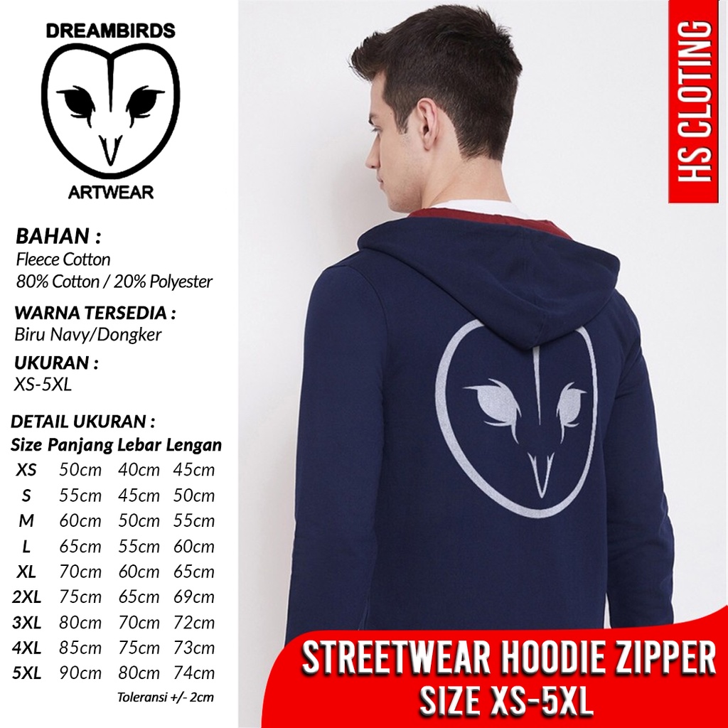 Jaket XS-5XL DREAMBIRDS Artwear Hoodie Zipper Distro Bahan Katun Fleece Biru Navy kombinasi Merah Ma