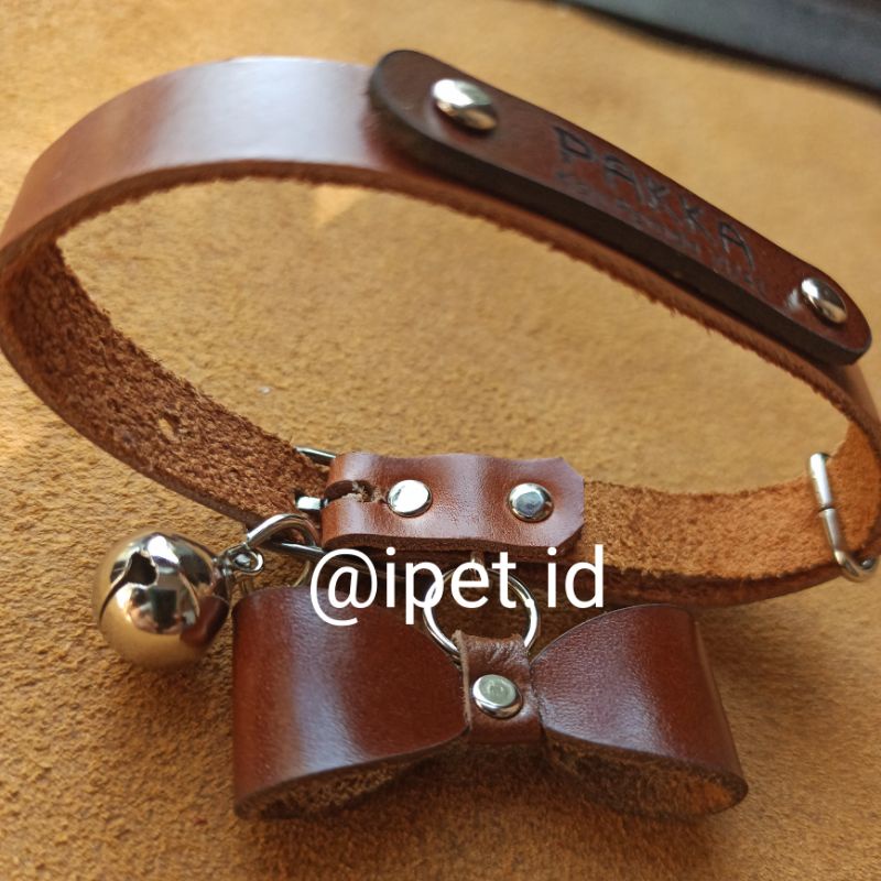 KALUNG KUCING NAMA LONCENG CUSTOM KULIT ASLI PITA