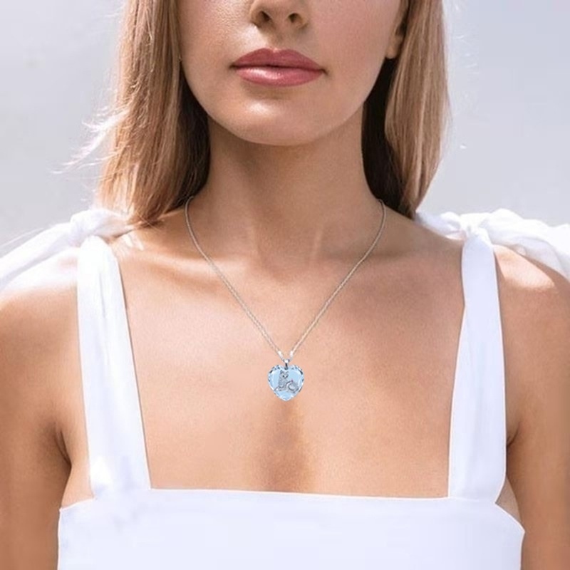 Kalung Liontin Batu Permata Buatan Bentuk Hati Motif Print Kucing Bahan Alloy Warna Biru Untuk Wanita