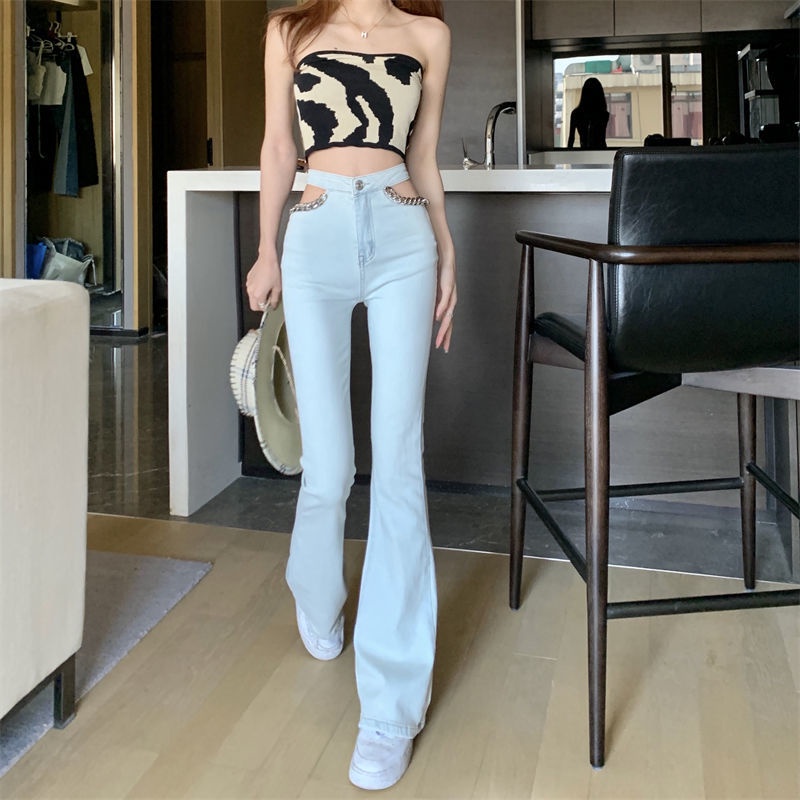 Versi Korea dari Eropa dan Amerika Fashion Micro-La High Waist Denim Lebar Kaki Celana Slim Lurus Hot Girl Style Sexy White Horseshoe Pants