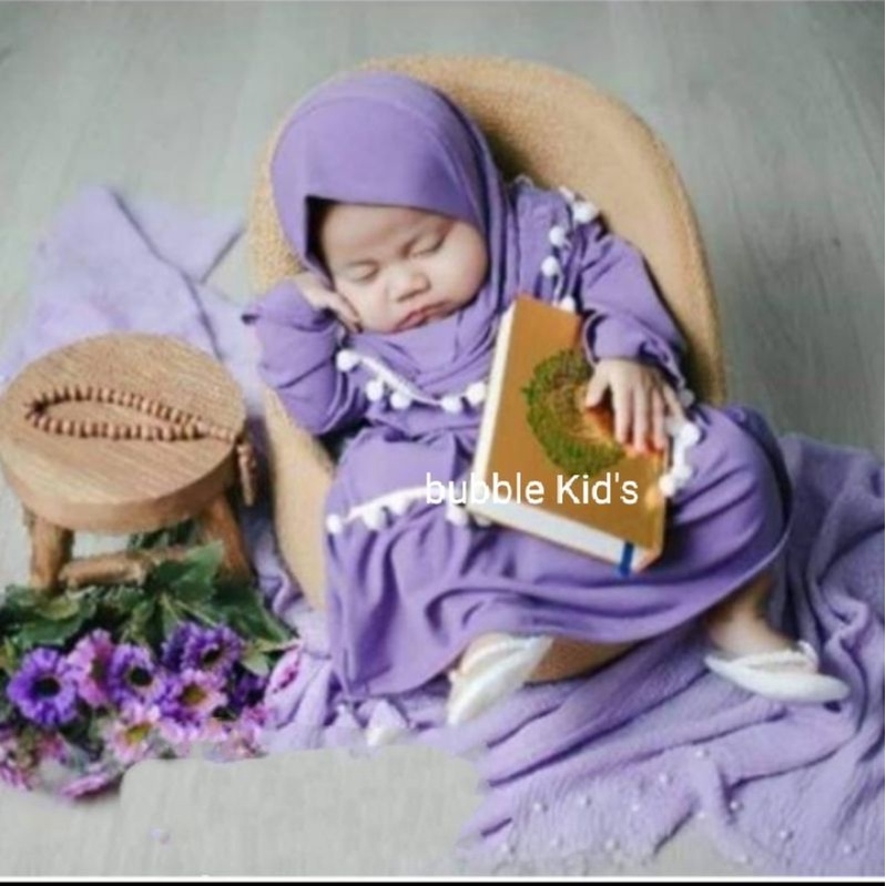 Baju Anak Perempuan Gamis Bayi Hijab Pom Pom 0-2 Tahun Katun Polos Adem Gemoy