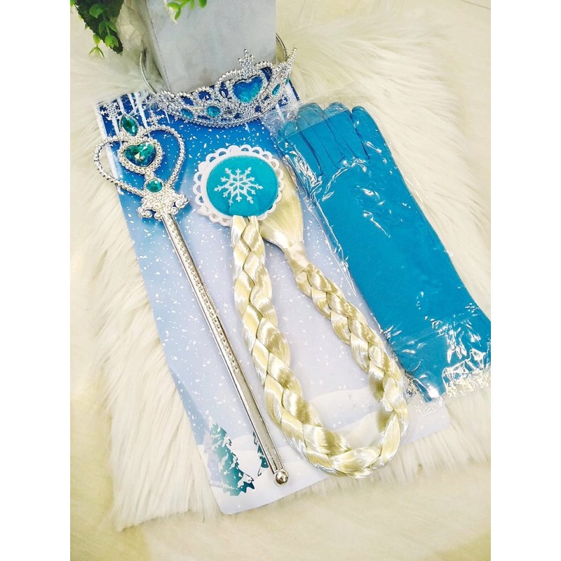 4 in 1 Frozen set Elsa Ana ( Rambut+Mahkota+Tongkat+Sarung tangan)