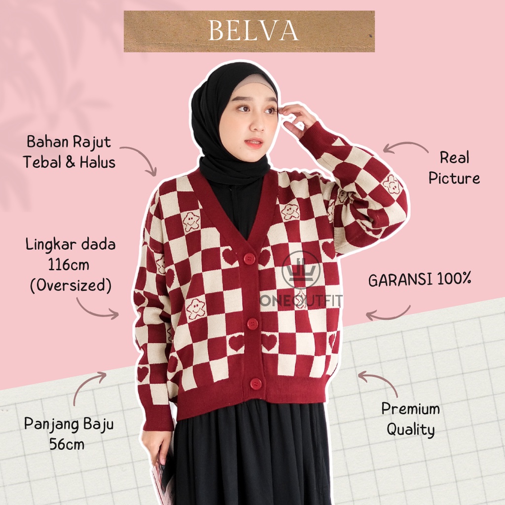 Oneoutfit PREMIUM Cardigan Rajut Wanita Belva Outer Oversize Model Kancing Motif Kotak Bahan Lembut 