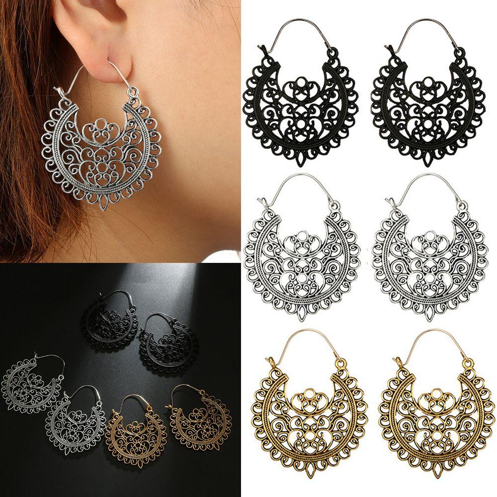 R-flower Hoop Earring Vintage Flower Pendant Jipsi Tribal Ear Studs