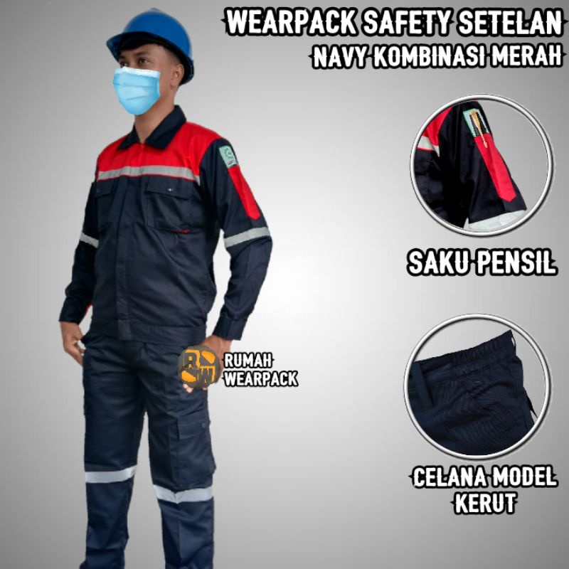 Wearpack Proyek dan Celana Kerja Setelan Warna Navy Kombinasi Merah