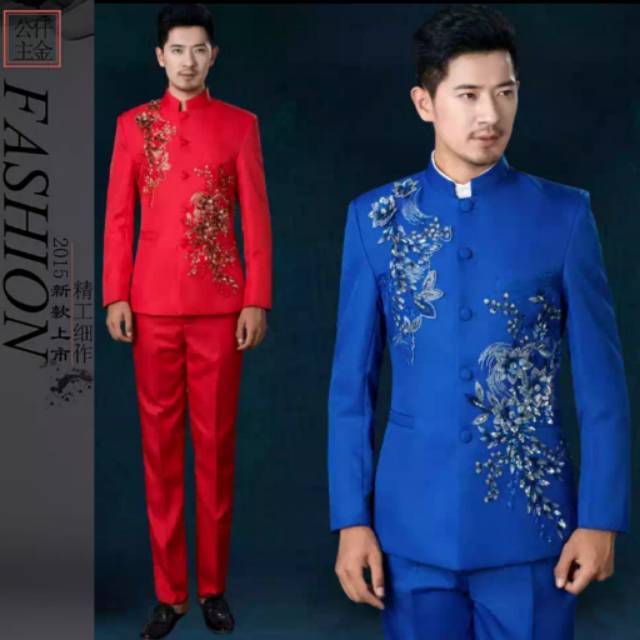 Sale Murah XZ1009 DPY S54 Setelan Jas Pengantin Pria Blazer Formal Biru Merah Motif Bunga Timbul New