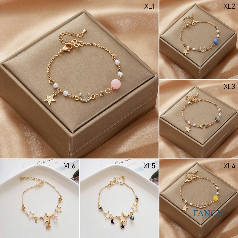 Gelang Rantai Mutiara Kristal Bentuk Bulan Bintang Warna Pink Gaya Korea Jepang Untuk Wanita