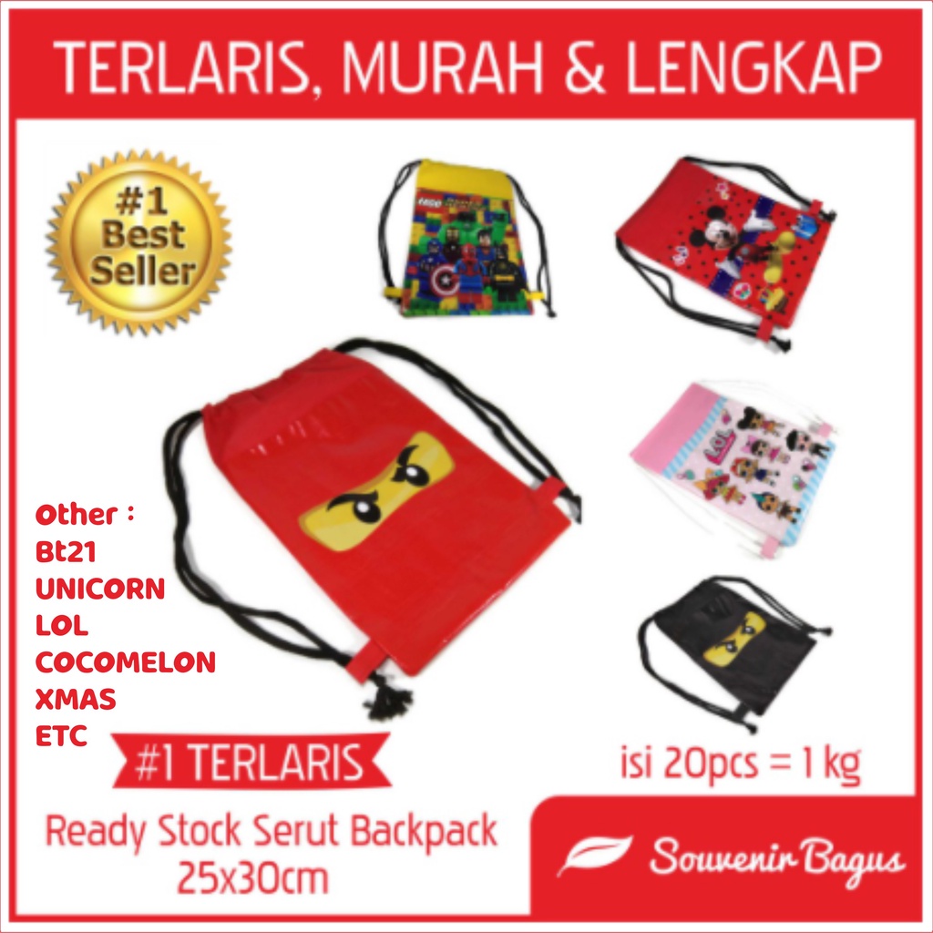 Tas Ultah Serut Backpack Ready Stock Tas Ulang Tahun Tas Souvenir String Bag isi 10 pcs = 0.5 kg