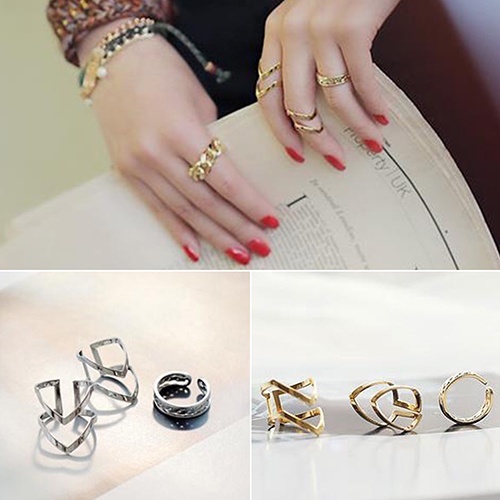 Hu Hu Hu Hu Hu Alat Bantu Pasang Kacamata♡ 3pcs / Set Cincin Knuckle Midi Model Terbuka Desain Panah Hollow Untuk Wanita