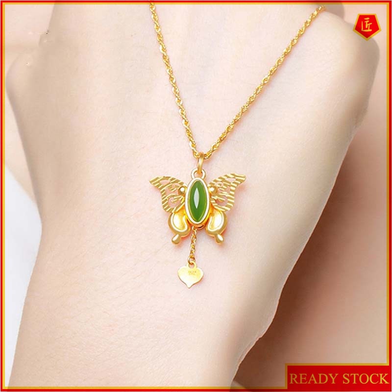 [Ready Stock]Fashion Gold-Plated Inlaid Green Jade Butterfly Pendant Necklace