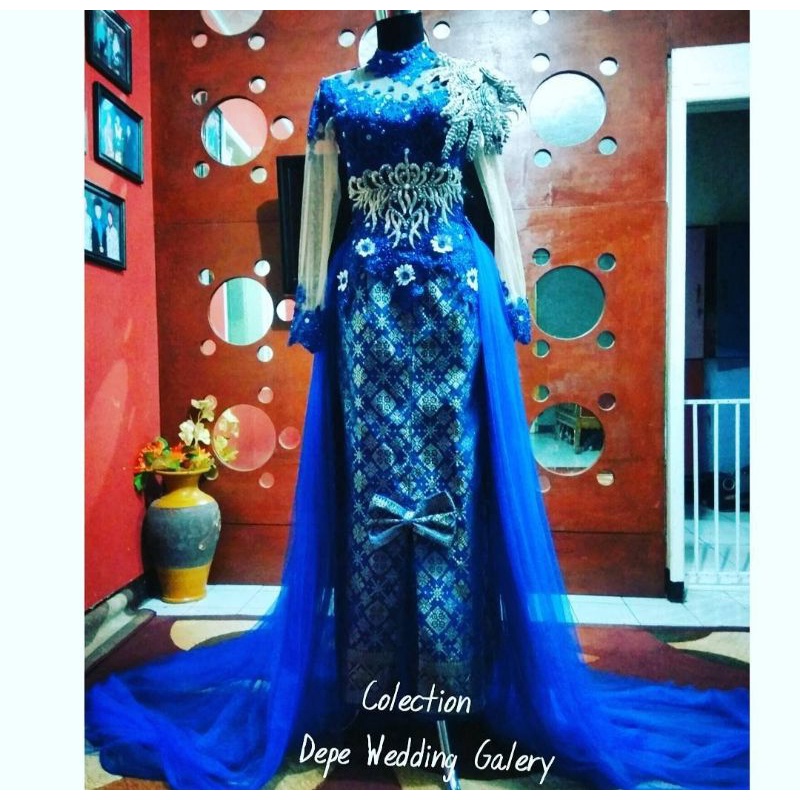kebaya pengantin biru elektrik silver