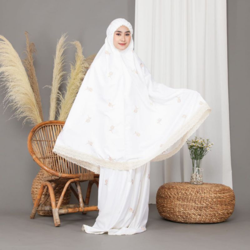 RIZQIANA STORE - Mukena Dewasa Jumbo Bordir Bunga Tulip Free Tas Pouch