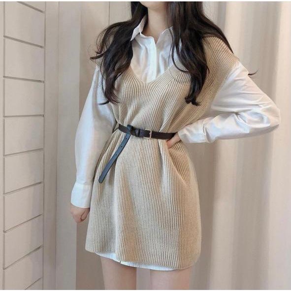 HOPYLOVY - Rompi Rajut Wanita Korean Velora + Belt