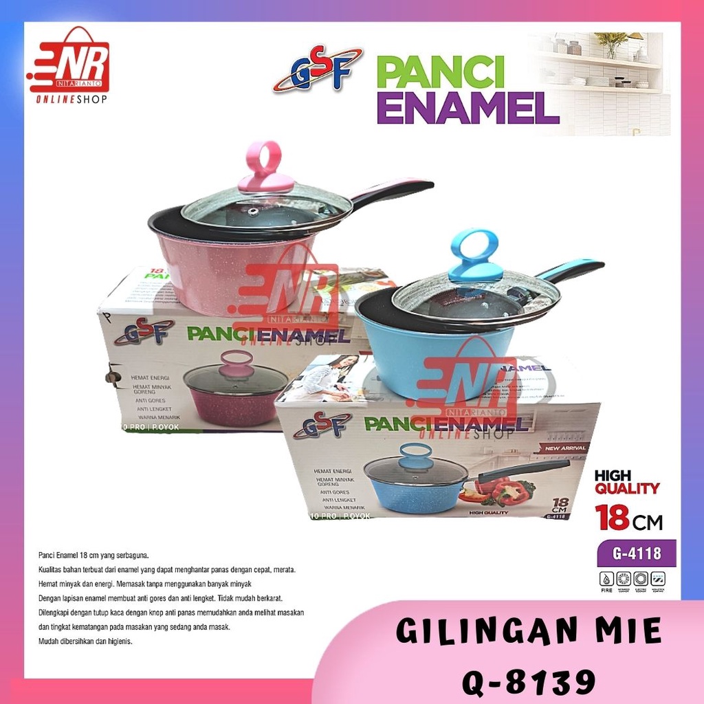 Panci Enamel Tutup Kaca GSF G-4118 / Panci Enamel Warna / Panci Rebus Penggoreng