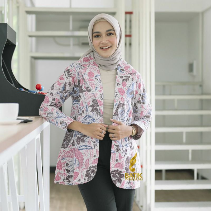 Batik Prabuseno Motif Maeswara Blazer Wanita Lengan Panjang Katun Printing Zipper Depan Modern