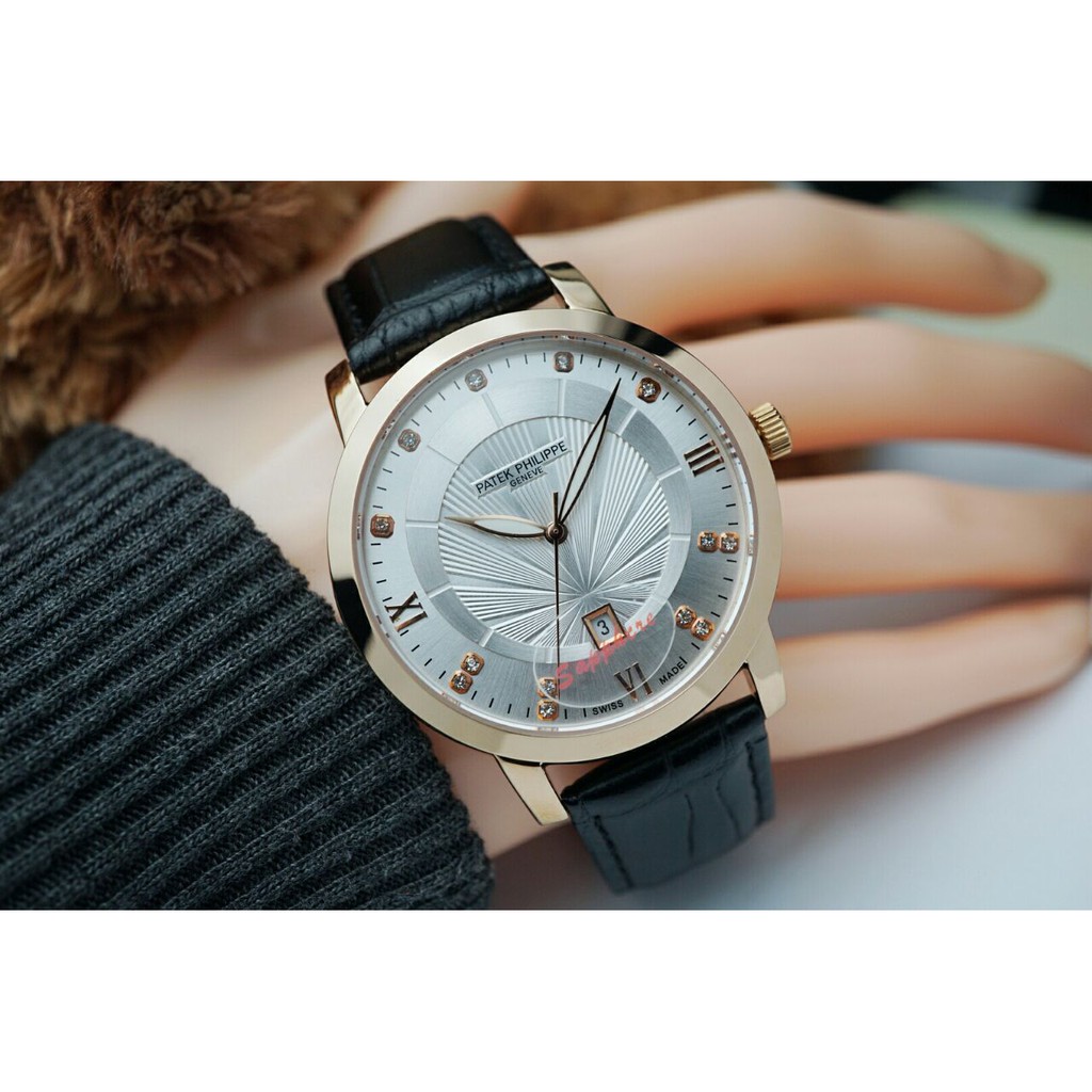 Jam Tangan Pria Wanita Patek Philippe Kaca Shapire Tanggal Premium