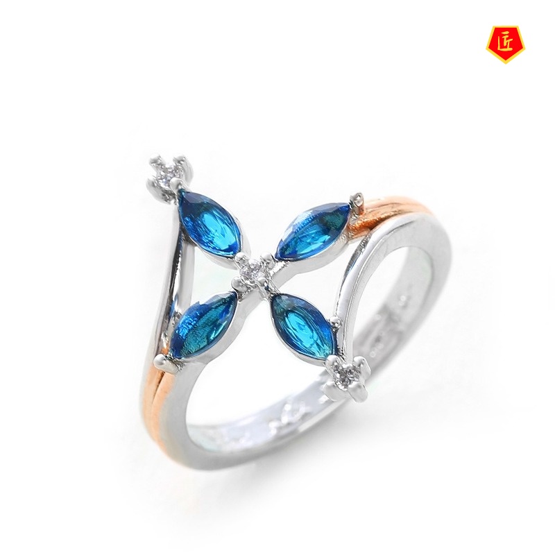 [Ready Stock]Inlaid Blue Crystal Ring Simple Elegant Niche
