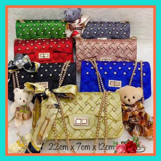 Tas anyam jelly(FREE BONEKA & SYAL )ukuran 22cm Diamond-tas wanita import murah jelly mate anyam