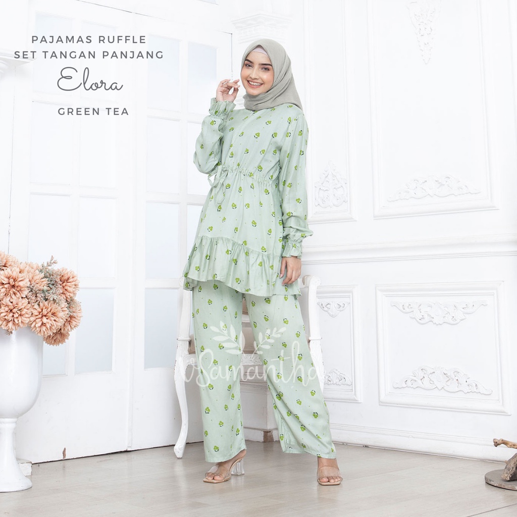 vSamantha - Pajamas Set / Piyama Set Muslim Rayon Rempel Busui Friendly - Tangan Panjang II-Elora Greentea