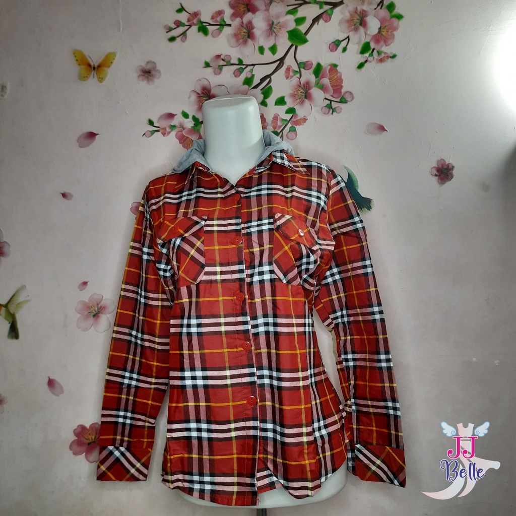 Velove Collection Tartan Red and White Kemeja Hoodie (KRV002)