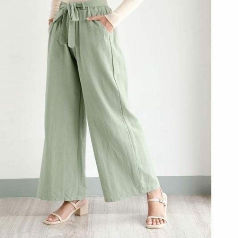 Celana Wanita Korea / Celana Kulot Linen Rami Highwaist Pinggang Karet