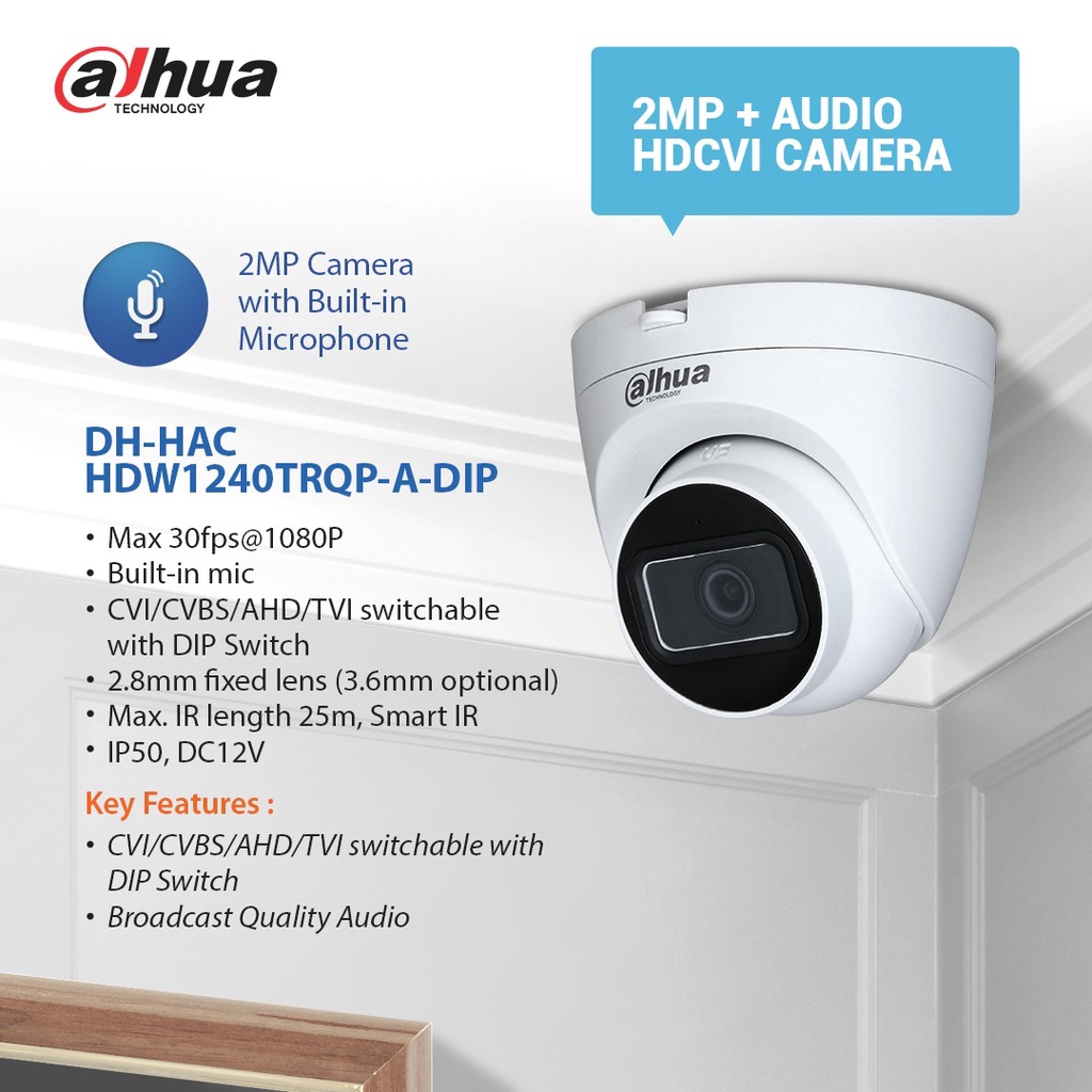 CAMERA DAHUA INDOOR 2MP BUILT-IN MIC (AUDIO) DH-HAC-HDW1240TRQP-A