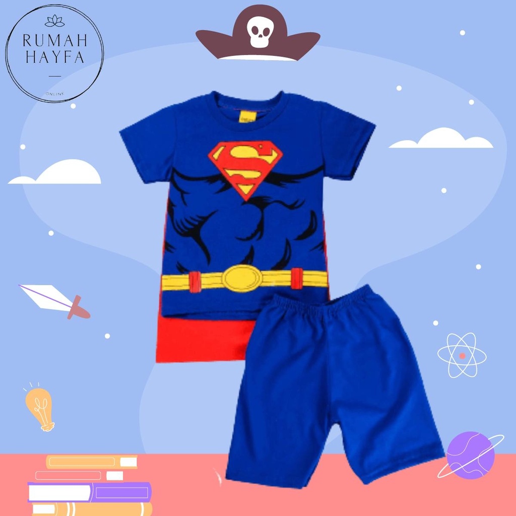 HAYFA - setelan anak laki-laki balita superhero BATMAN SUPERMAN ada SAYAP belakang baju/ stelan bayi motif SUPERMAN BATHMAN / Baju anak tanah abang kualitas premium / Kwalitas import usia 1-3 tahun Baju Grosir Anak Kartun Animasi Animal Doraemon