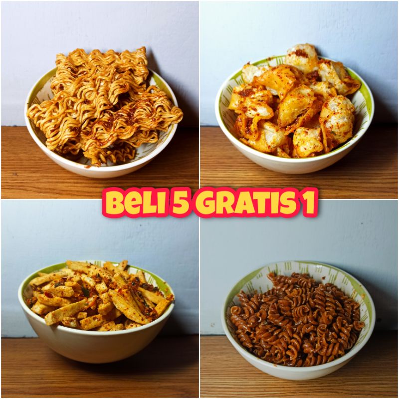 

Snack Cemilan pedas kriuk basreng siomay makroni mie kremes