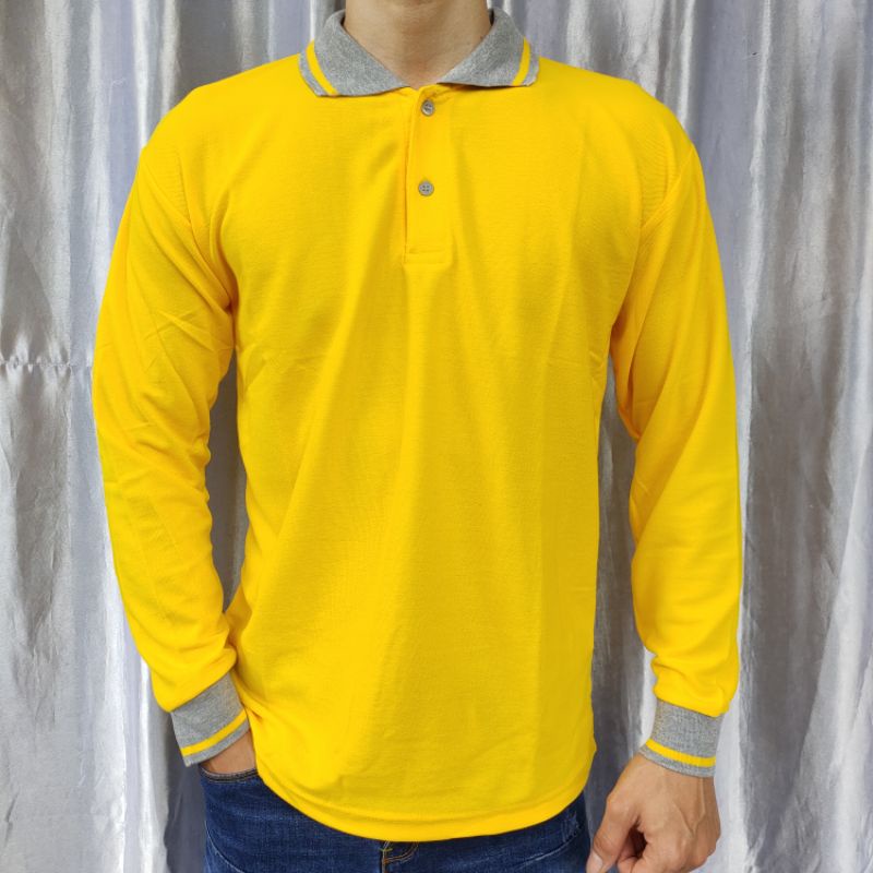 Kaos Kerah polos lakos lengan panjang uk M L XL XXL XXXL-Krah kuning PJG