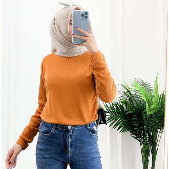 KAOS ATASAN RIB RAJUT LONGSLEEVE WANITA / BAJU WANITA LENGAN PANJANG / KAOS RIB POLOS WANITA