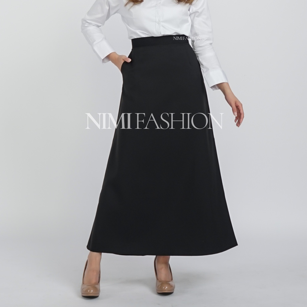 Rok Kerja Wanita Panjang Pinggang Karet Model A-line Formal Muslimah-1