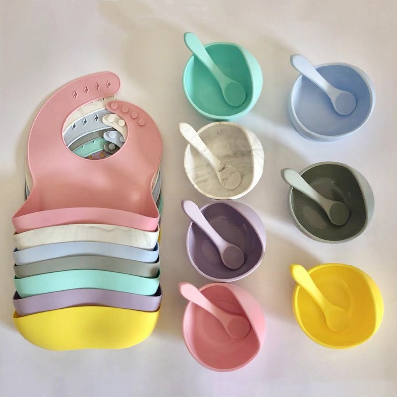 Mary Mary 3pcs / Set Bib / Slabber + Mangkok + Piring + Sendok Bahan Silikon Anti Air Untuk Bayi