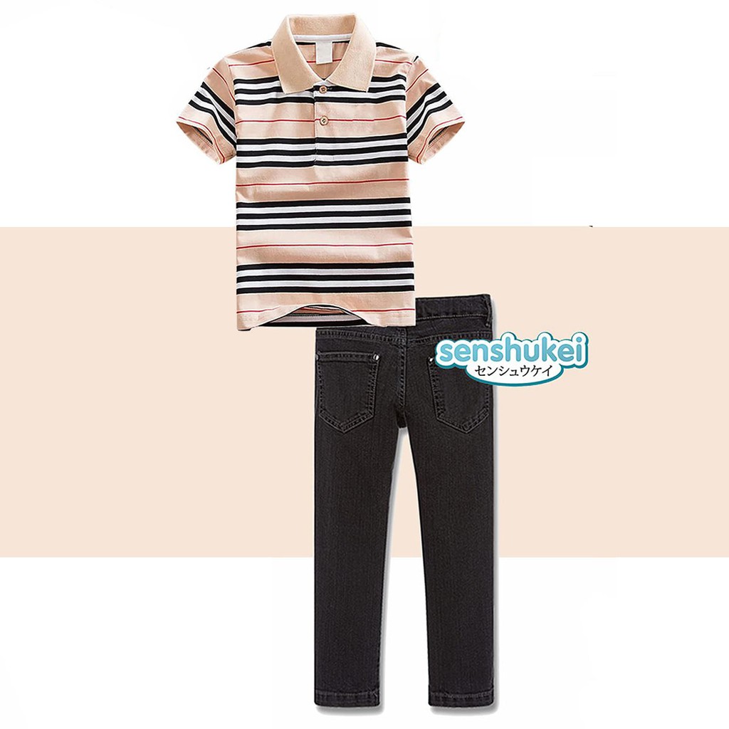 Setelan Anak Cowok Stripe Coffee Dengan Celana JEANS