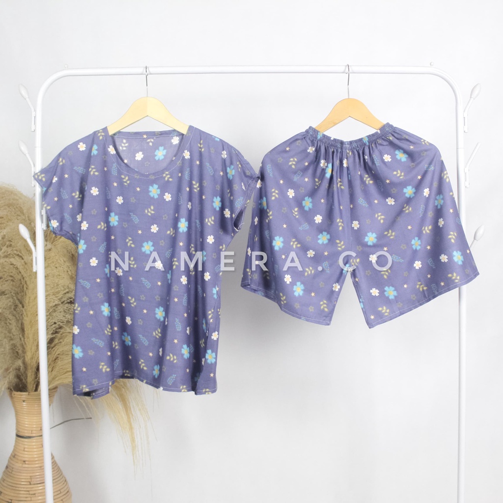 Setelan Baju Tidur Celana Pendek Piyama Wanita Motif Bunga Raster Rayon Premium