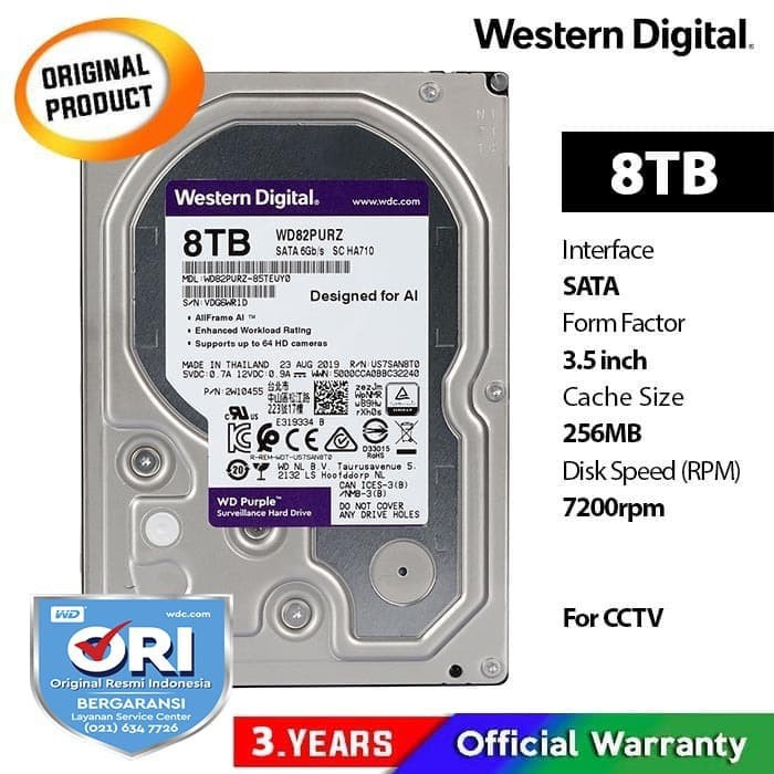 WD Caviar Purple 8TB - HD Hardisk Internal 3.5&quot; for CCTV Surveillance