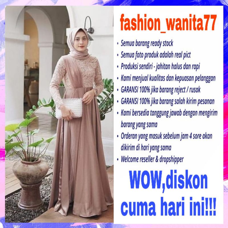 Gamis dress baju pakaian busana fashion brokat tile wanita muslim remaja syafira syar'i gaun kondang