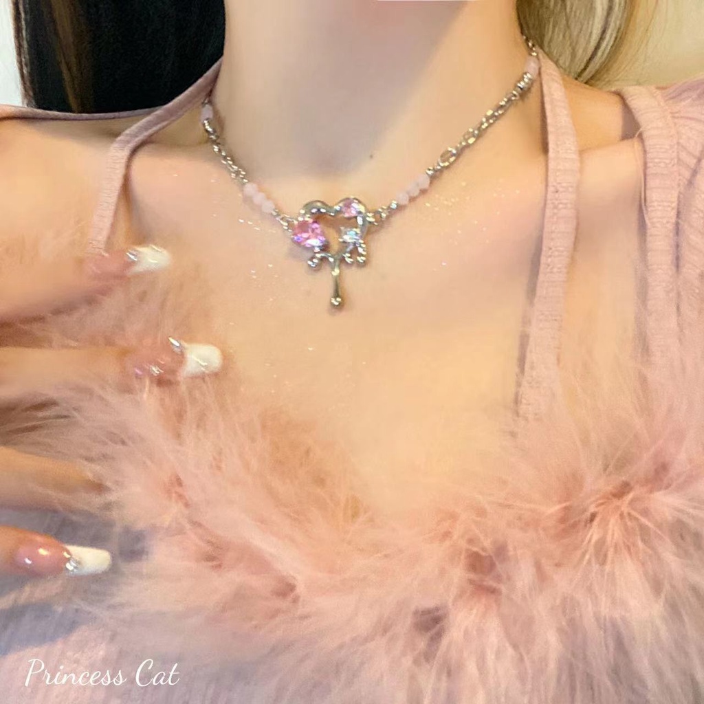 Kalung Rantai Pendek Wanita Liontin Hati Metal Hias Zircon Pink 2022