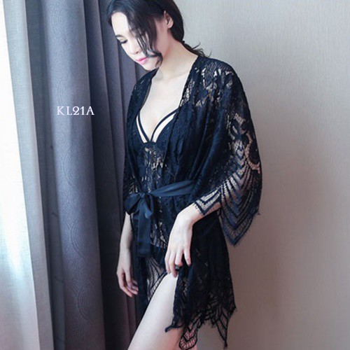 [STOK TERBATAS] BAJU TIDUR KIMONO WANITA NIGHT GOWN LINGERIE HITAM KL21A