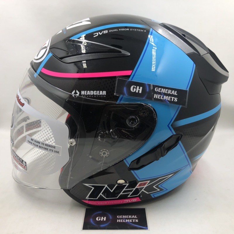 HELM NHK R1 MOTIF NAPOLEON BLACK LIGHT BLUE GLOSSY DOUBLE VISOR HALF FACE BIRU MUDA