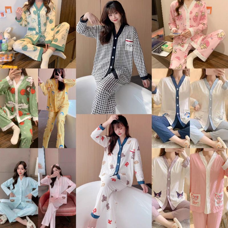 RULIF Oneset Piyama set wanita kancing import Rib onesize lengan panjang/Baju tidur Wanita Import Model Krah lengan panjang celana panjang Donaldd